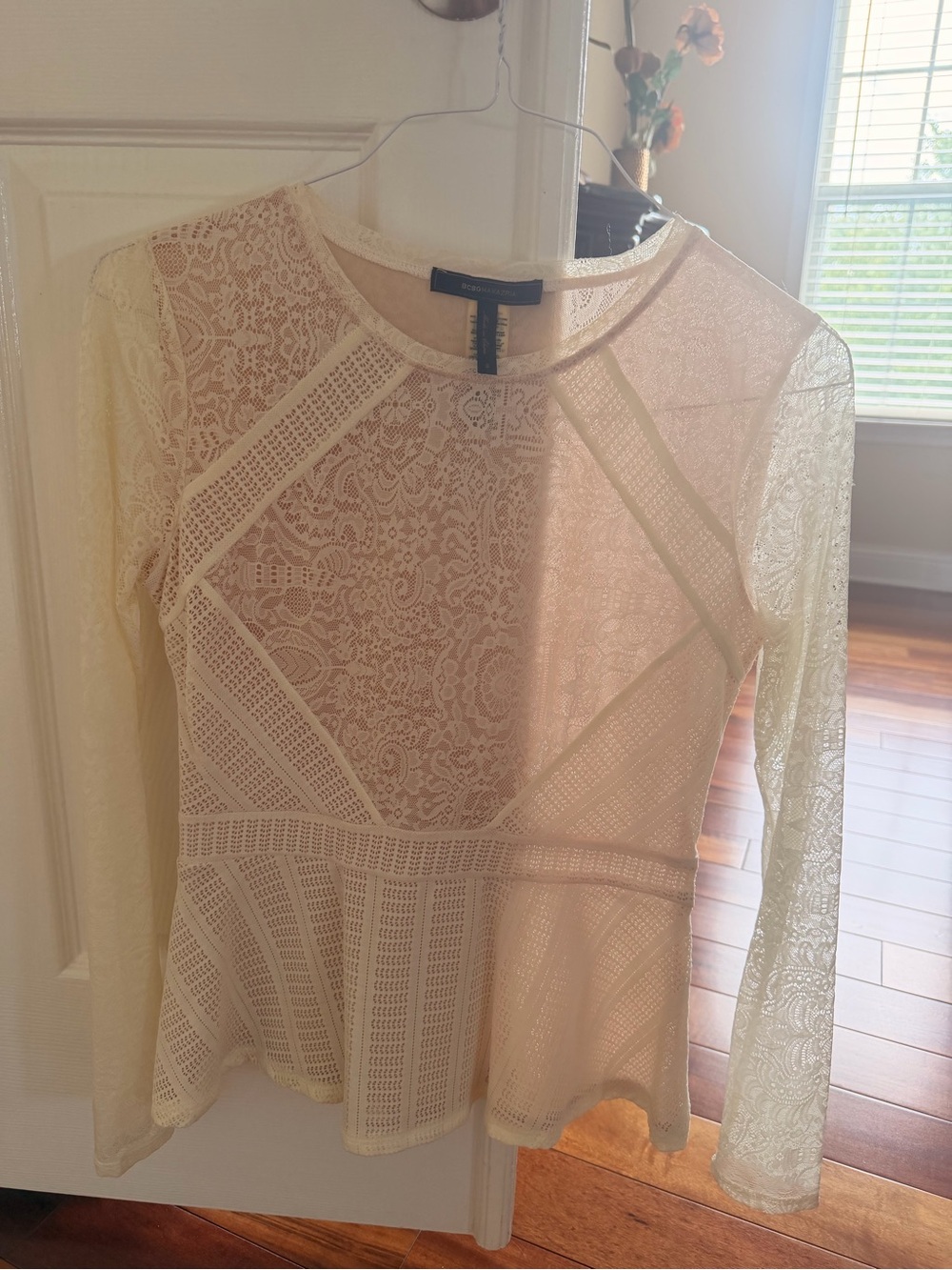 BCBGMaxAzria Cream Sheer Lace Peplum Blouse